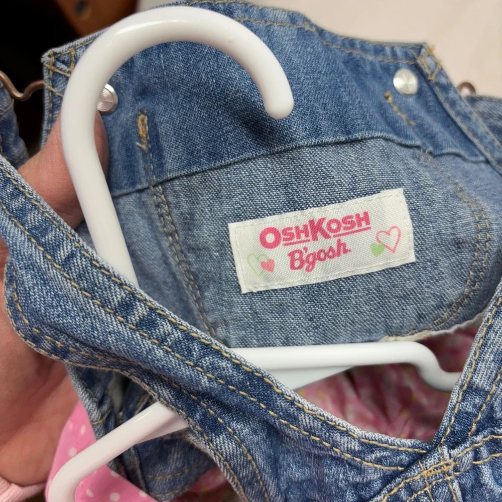 OshKosh B'gosh Baby Girls Denim Overalls Dress‎ Tiered Floral Ruffle Pink Green